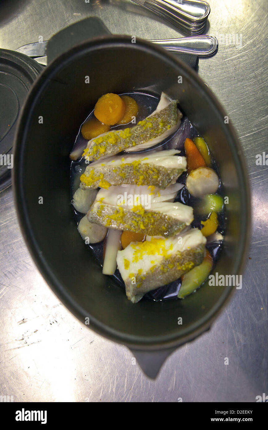 France, Cooking, close up of a coalfish stew with vegetables Stock