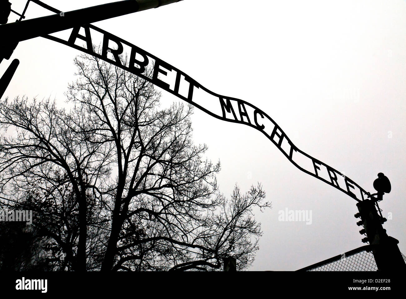 The original main entrance gate to Auschwitz concentration camp, Poland photographed a week before it had been stolen Stock Photo
