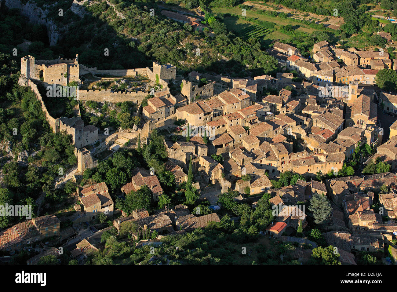 France, Ardeche (07), Saint-Montan, village character, it is dominated by the ruins of a castle (aerial photo) Stock Photo