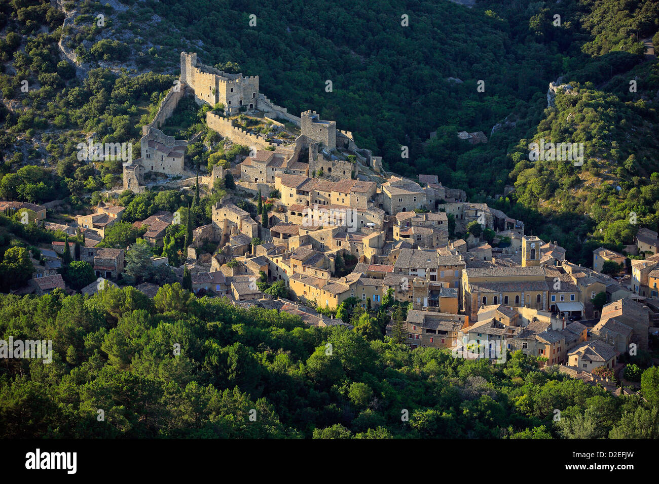 France, Ardeche (07), Saint-Montan, village character, it is dominated by the ruins of a castle (aerial photo) Stock Photo
