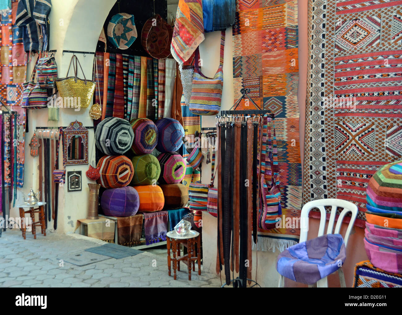 Rug and fabric shop, Marrakech, Morocco Stock Photo