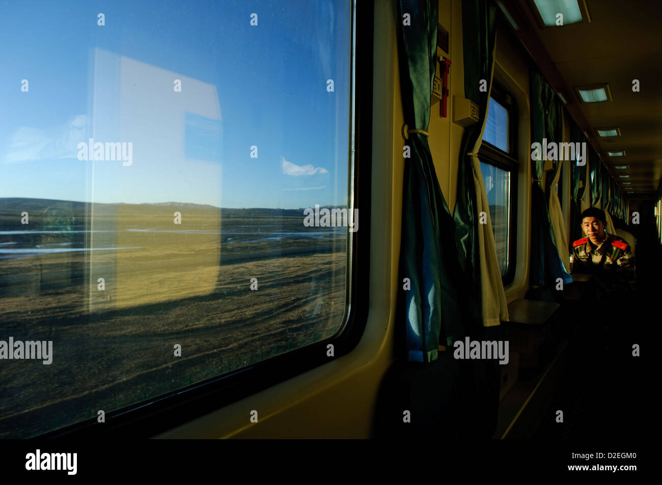 a chinese soldier in a train, tibet, china Stock Photo