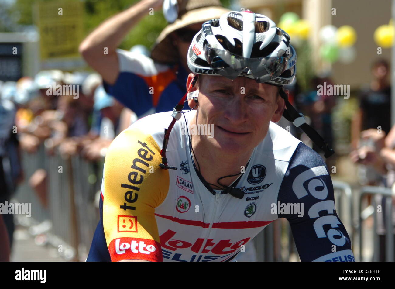 Lobethal, Australia. 22nd Jan, 2013.  Andre Greipel wins stage one of the Tour Down Under. Stock Photo