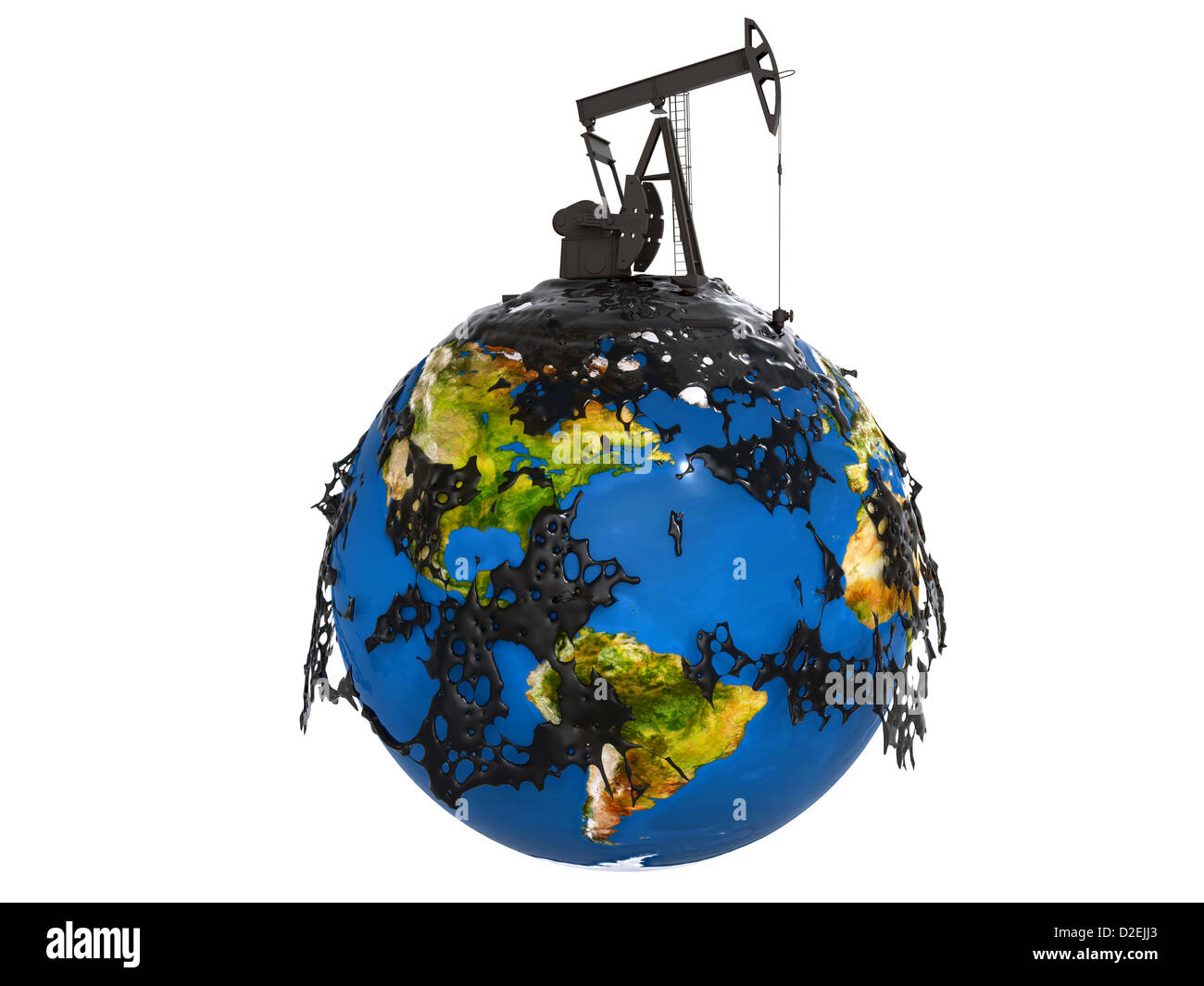 Pump jack and oil spill over earth isolated on white background