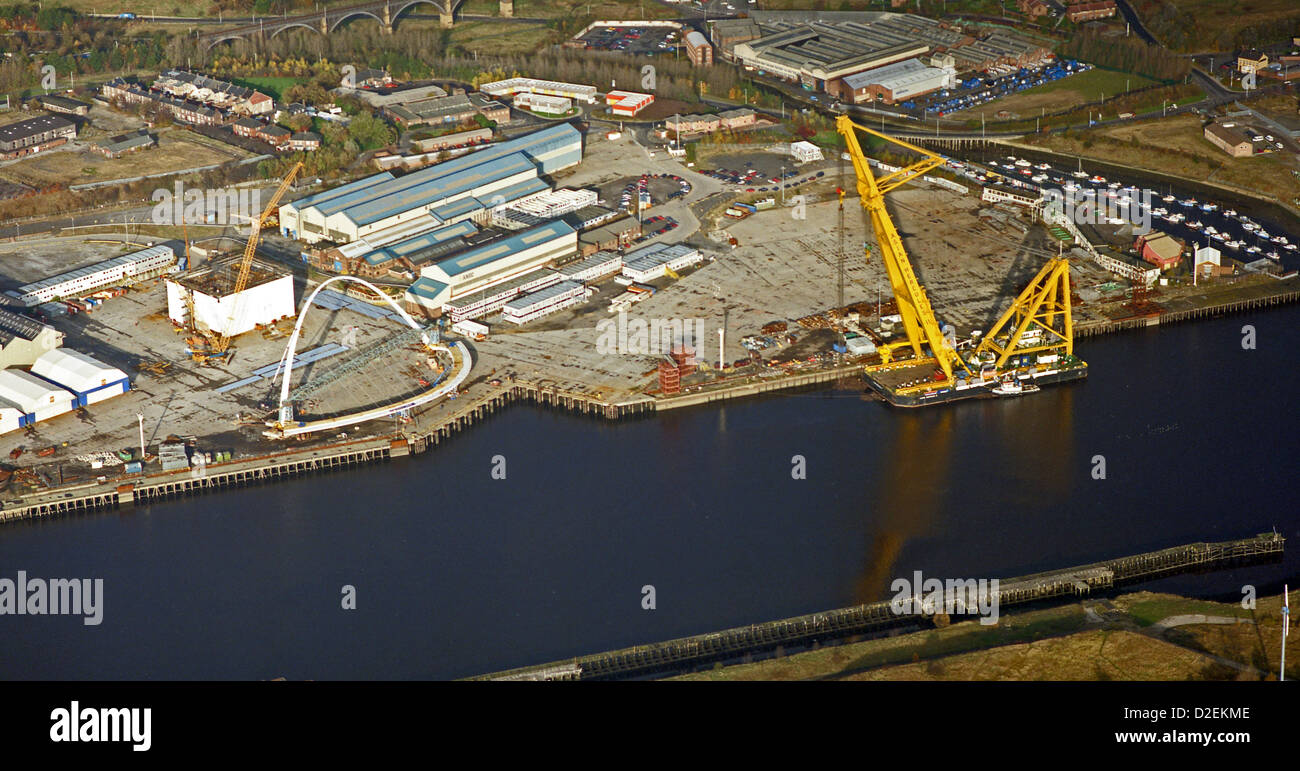 aerial view of Newcastle's & Gateshead Millennium Bridge under construction at the Amec yard in