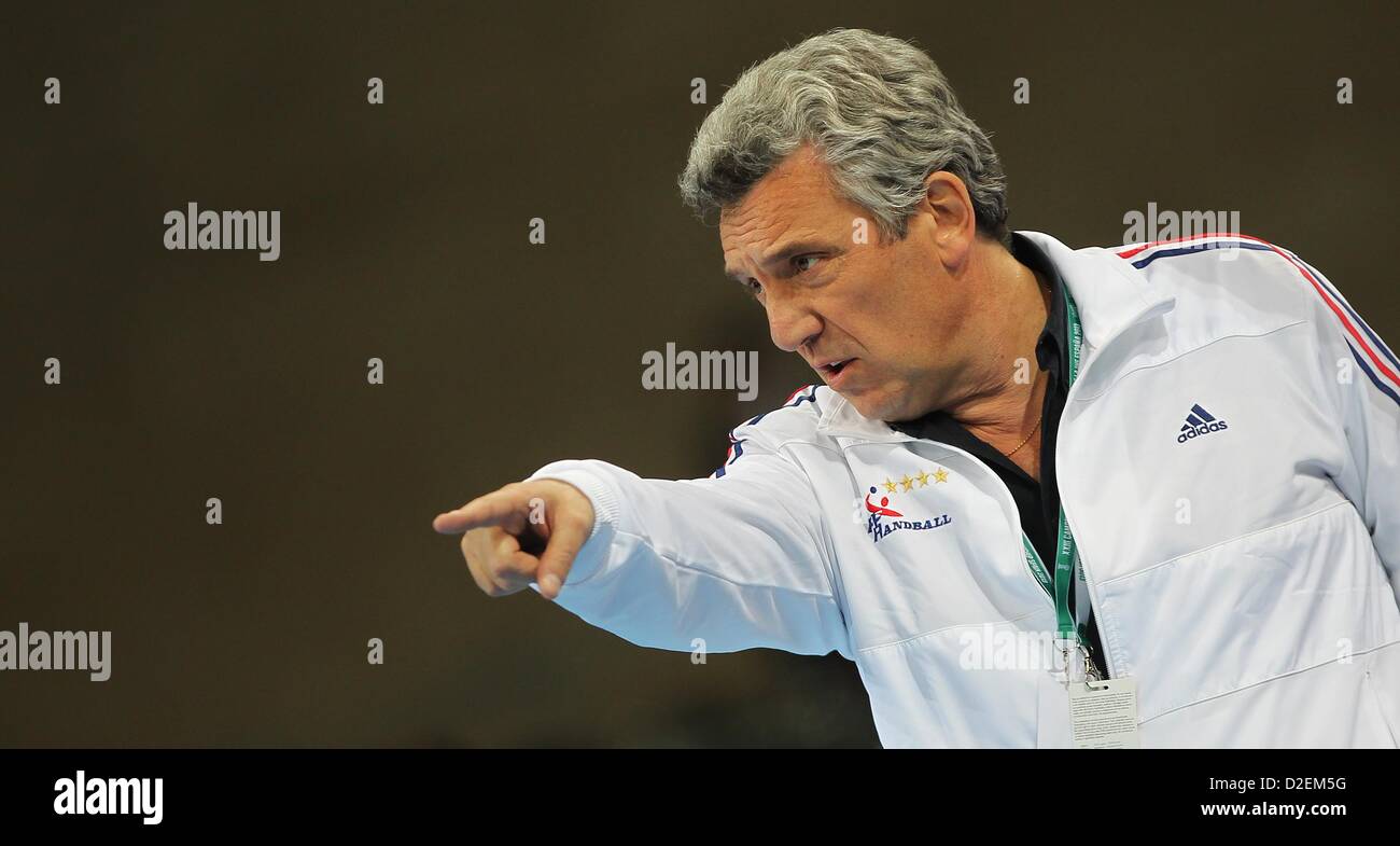 Head coach Claude Onesta of France reacts during the men's Handball World Championships round of 16 match France vs Iceland in Barcelona, Spain, 20 January 2013. France won 30:28. Photo: Fabian Stratenschulte/dpa Stock Photo