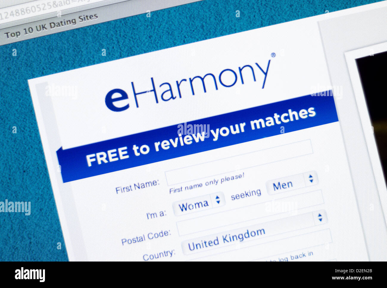 eHarmony logo and website close up Stock Photo