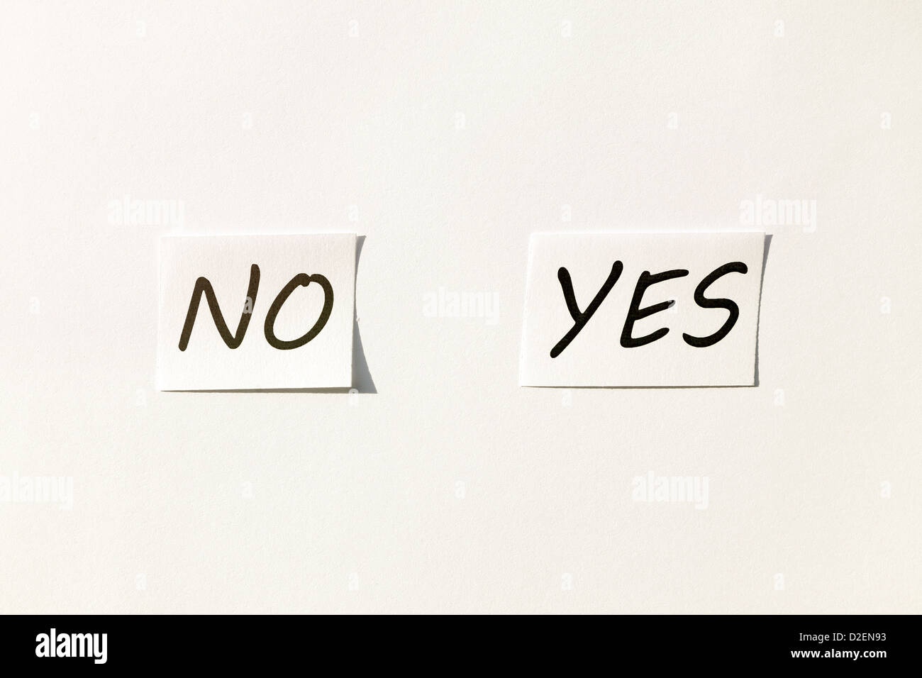 Just two pieces of paper with yes and no on it. Stock Photo
