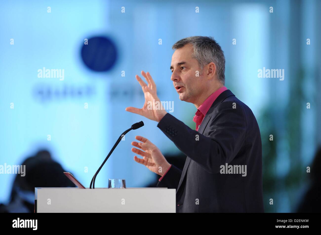 MUNICH/GERMANY - JANUARY 22: Albert-László Barabási (Northeastern University) gestures on the podium during the Digital Life Design (DLD) Conference at the HVB Forum on January 22, 2013 in Munich, Germany. DLD is an international conference and culture which connects new media, business and social leaders, opinion formers and investors for crossover conversation and inspiration. (Photo: picture alliance/Tobias Hase) Stock Photo