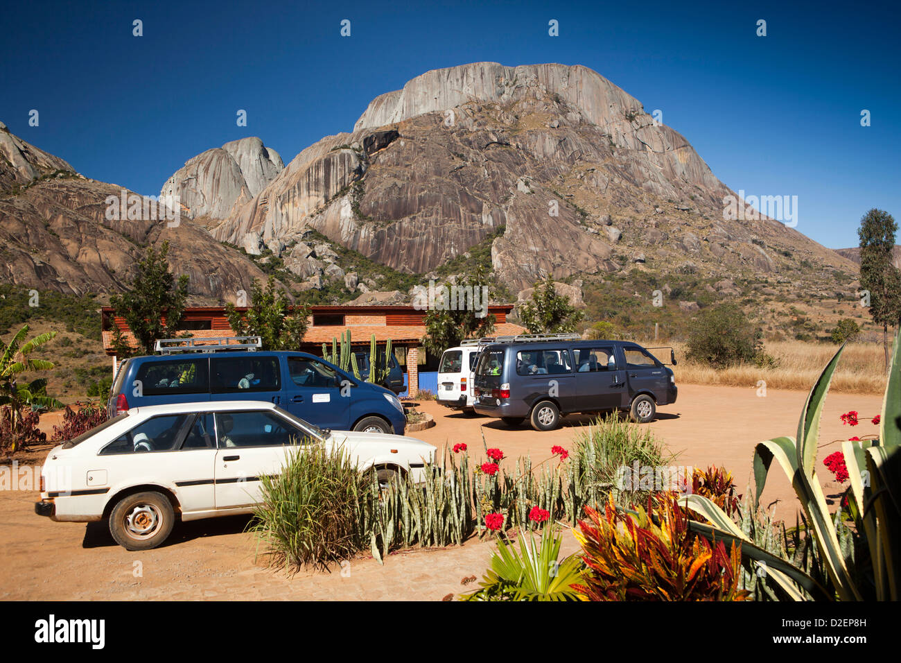 Madagascar, Ambalavao, tourist vehicles parked at Reserve dAnja Stock Photo