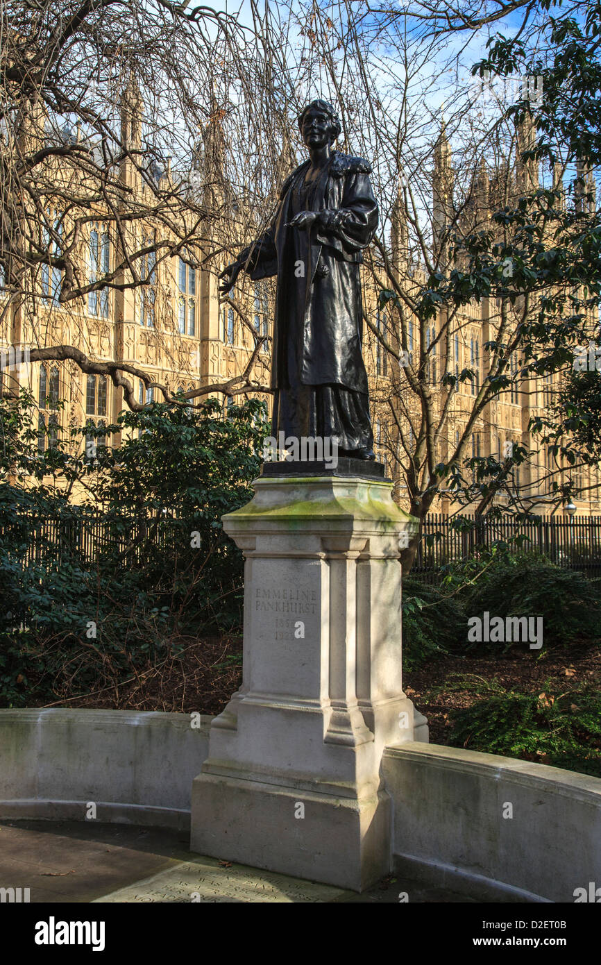A statue of suffragette Emmeline Pankhurst outside the Houses of Parliament, London Stock Photo