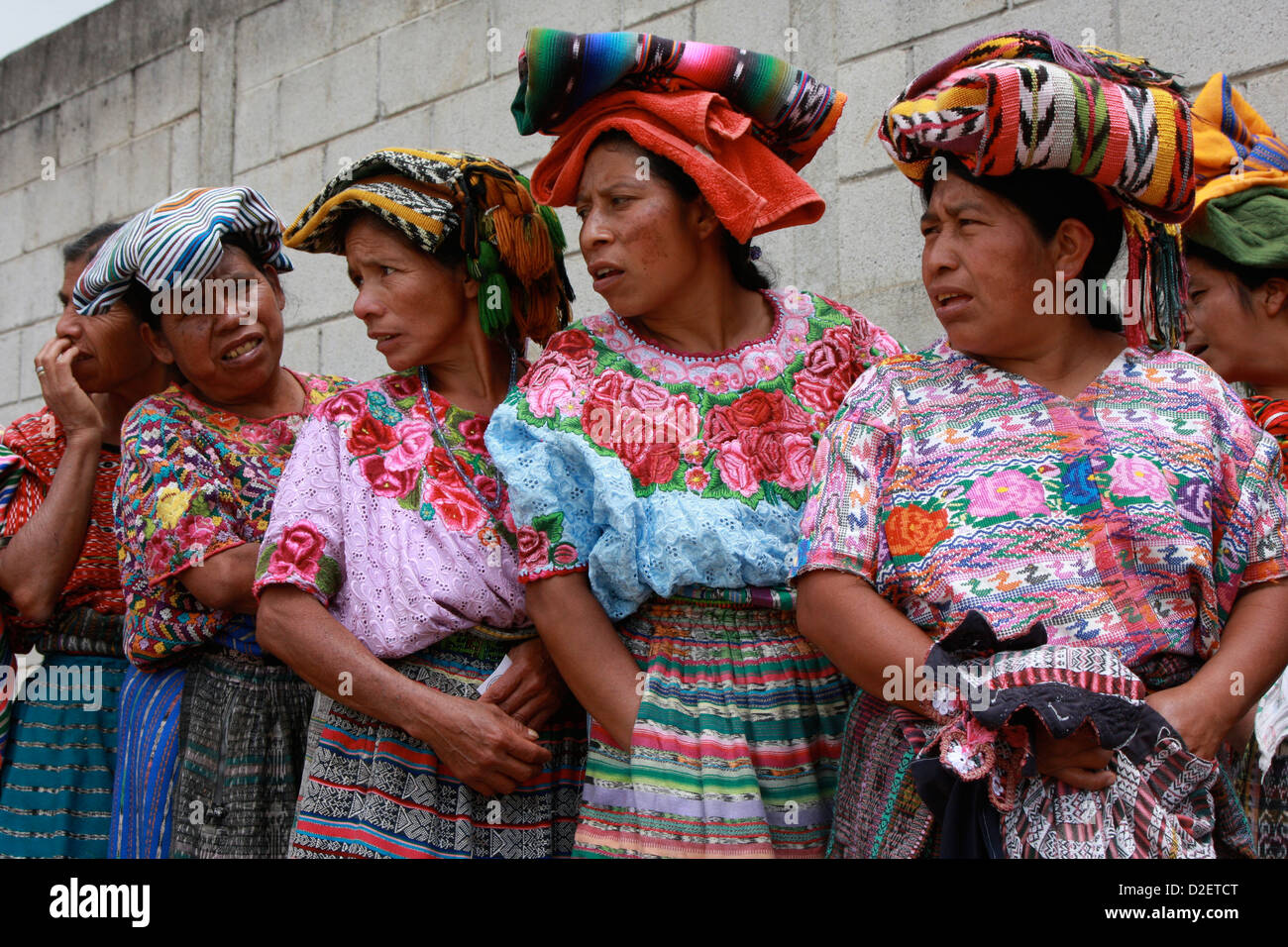 mayan indigenous woman waiting in line for free suplies up in the mountain near Lake Atitlan Stock Photo
