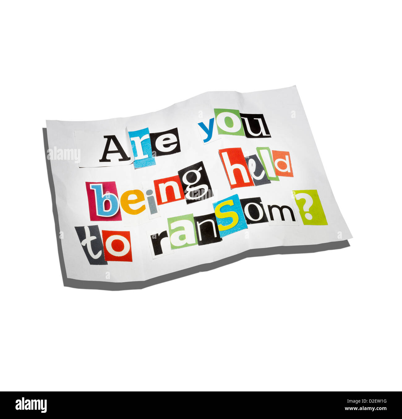 A ransom note on a white background with graphic holding shadow Stock Photo