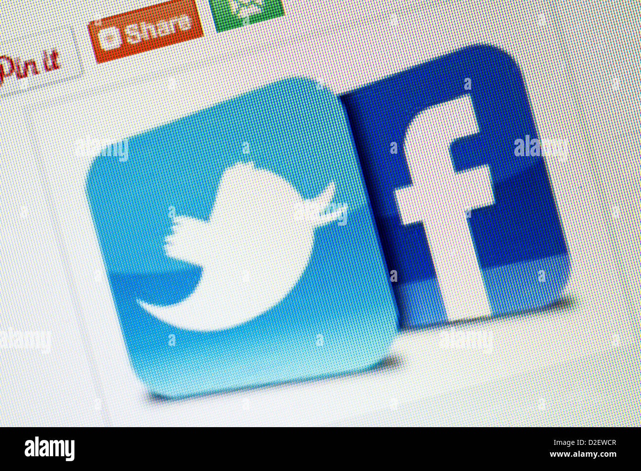 Social media logos, Twitter and Facebook close up. Stock Photo