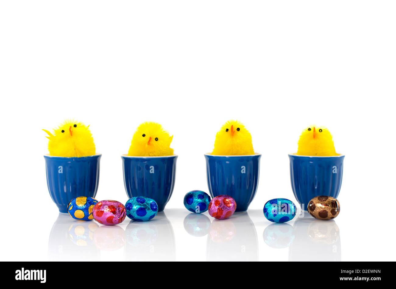 easter eggs and yellow toy ducks Stock Photo