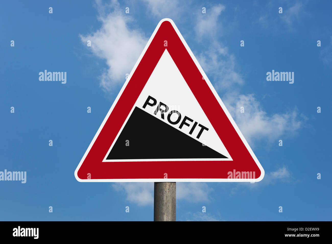 Detail photo of a danger sign 'Steep hill downwards' with the inscription profit Stock Photo
