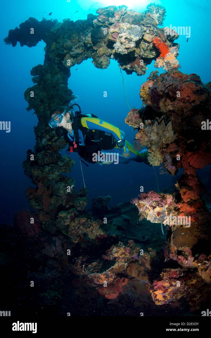 Divers on the Wreck Kyokuzan Maru Japanese freighter, sunk in 1944, Malawig ,Coron, Palawan, Philippines, Asia Stock Photo