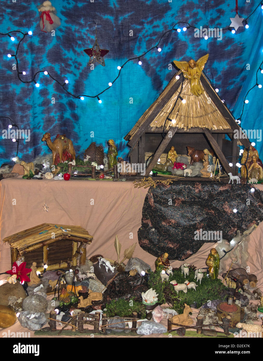 A domestic Christmas crib nativity scene with multiple characters Stock