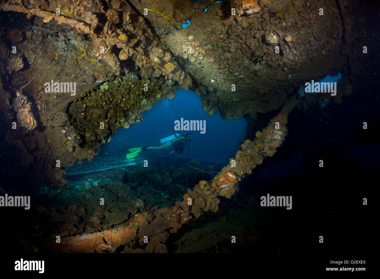 Divers on the Wreck Kyokuzan Maru Japanese freighter, sunk in 1944, Malawig ,Coron, Palawan, Philippines, Asia Stock Photo