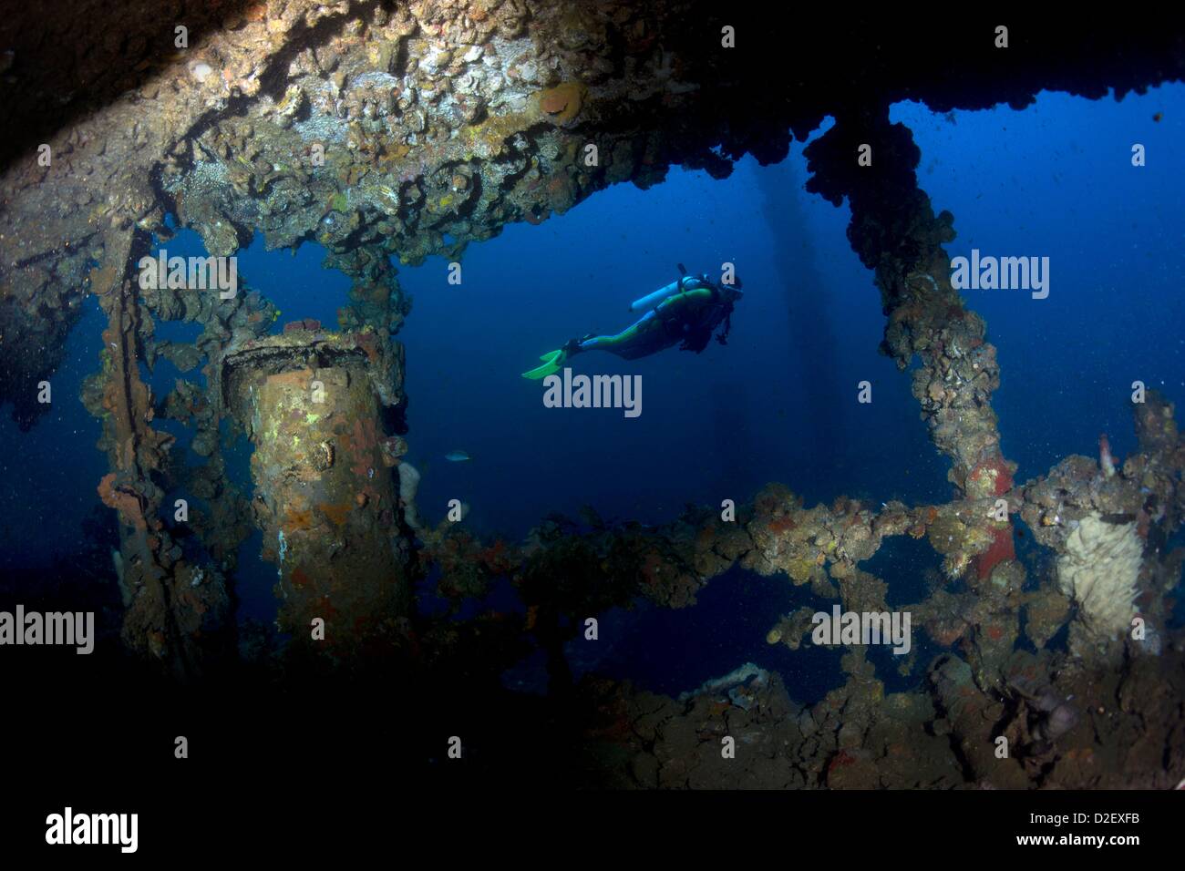 Divers on the Wreck Kyokuzan Maru Japanese freighter, sunk in 1944, Malawig ,Coron, Palawan, Philippines, Asia Stock Photo