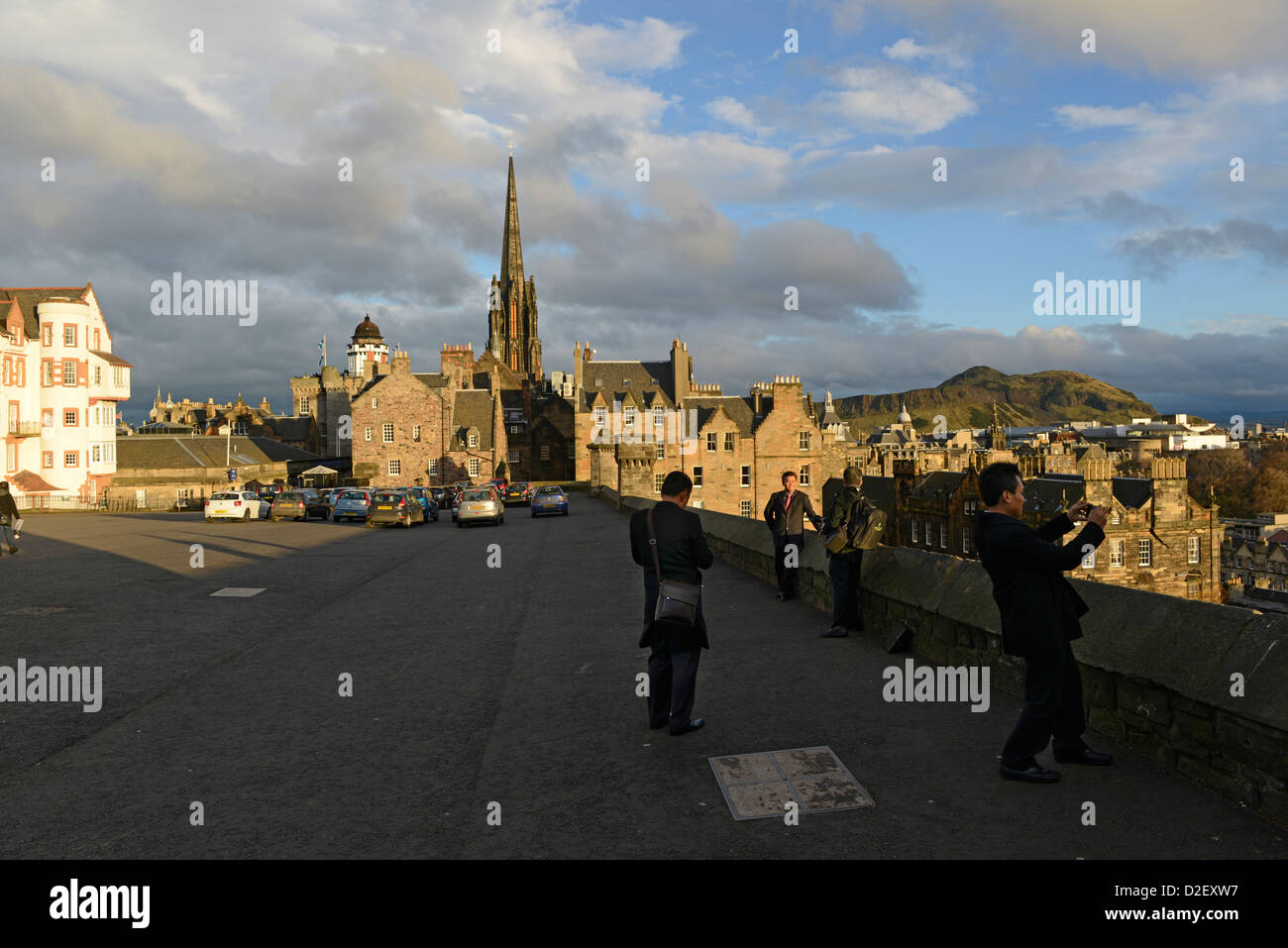 Tourists enjoy view from Edinburgh Castle. Top of the Royal Mile Edinburgh, Scotland. Stock Photo