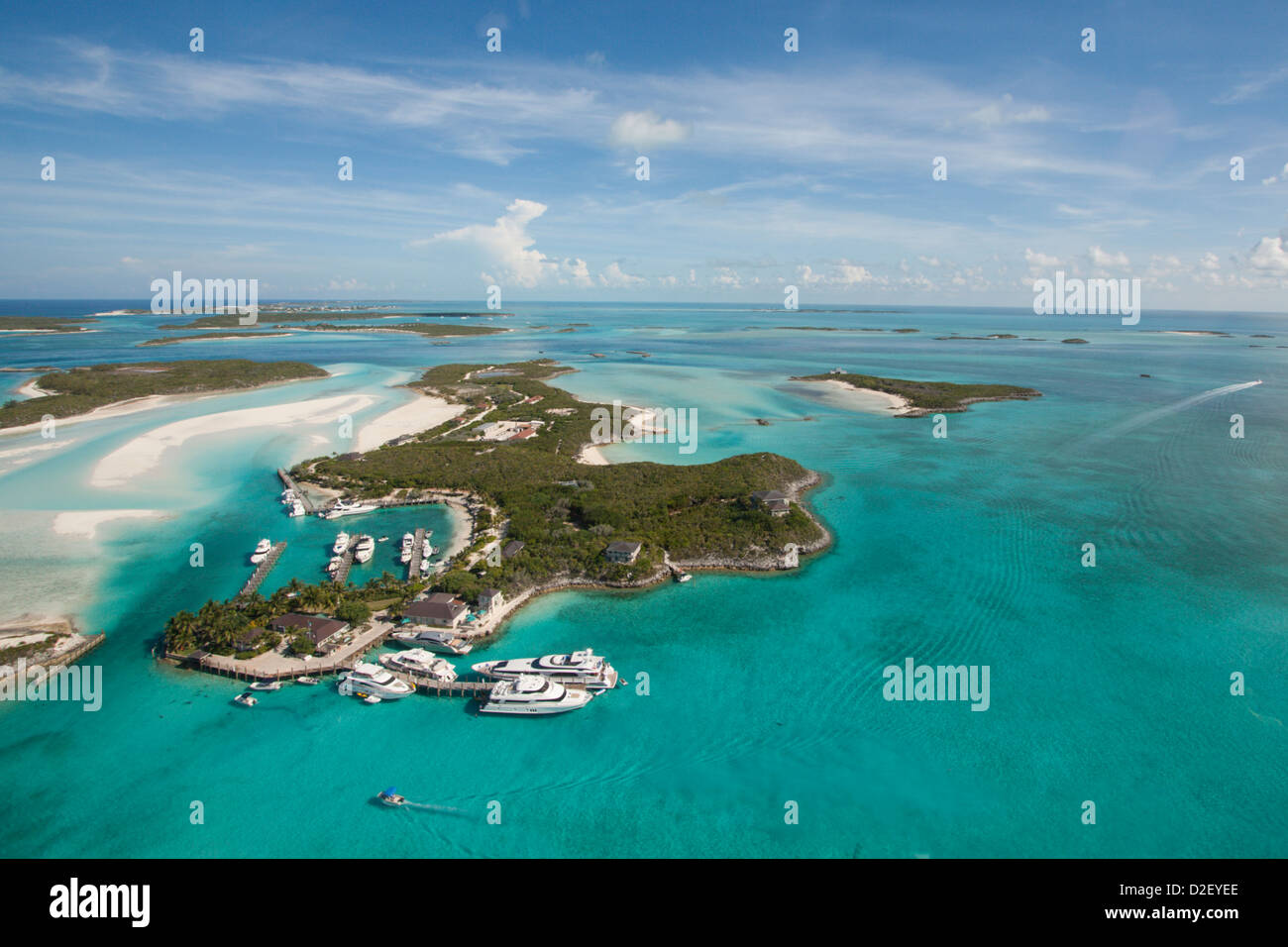 Compass Cay, Exumas, Bahamas, from the air. Stock Photo