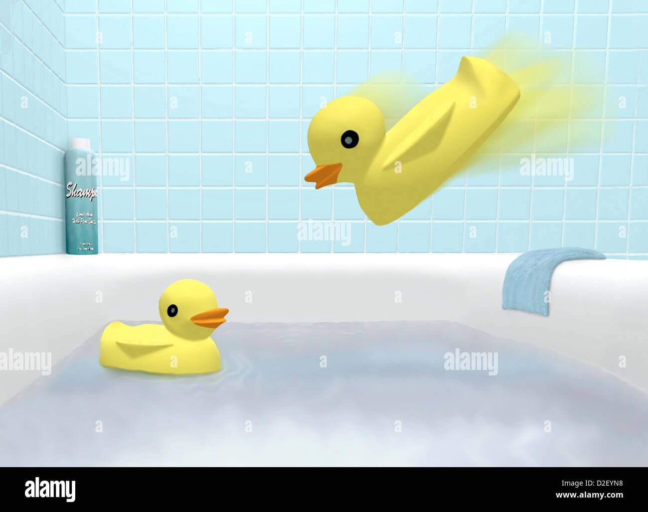 Close Up Illustration Of A Rubber Ducky Toy Watching Another - 