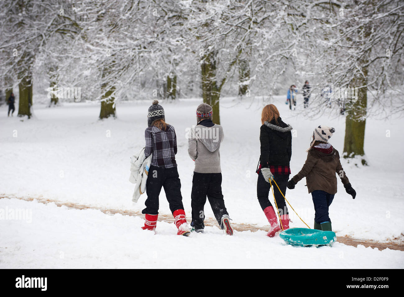 4 girls pulling a sled through the snow on their way up hill Stock Photo
