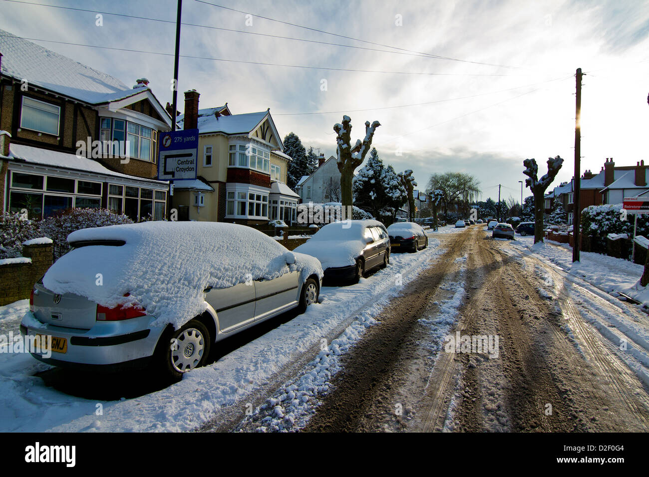 Winter snow scene of suburban street in Croydon, South London, United Kingdom Stock Photo