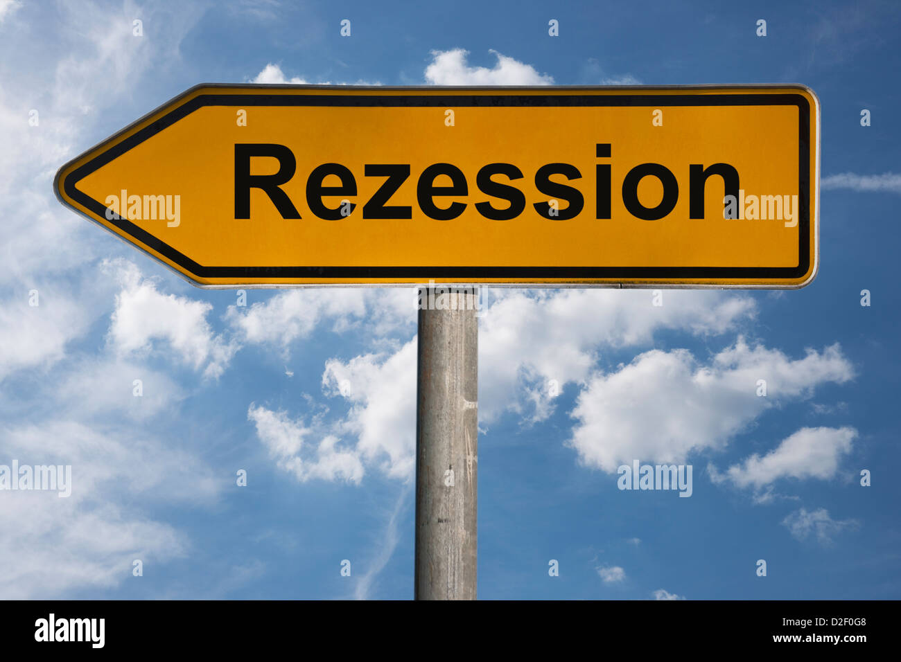 Detailansicht eines Wegweisers mit der Aufschrift Rezession | Detail photo of a signpost with the German inscription downturn Stock Photo