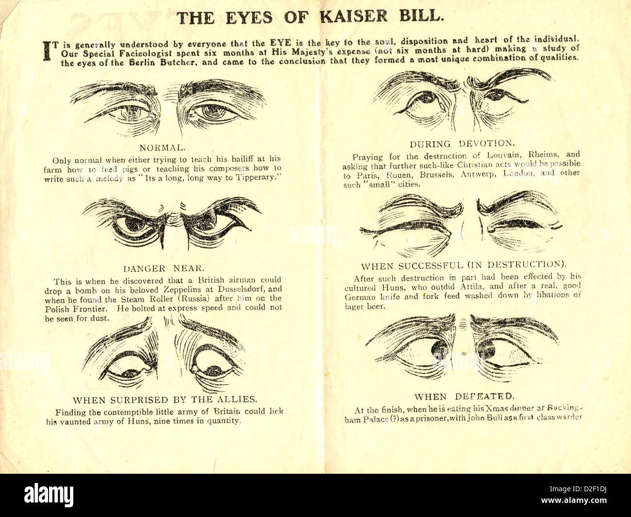 Interior of comic leaflet caricaturing Kaiser Bill Stock Photo