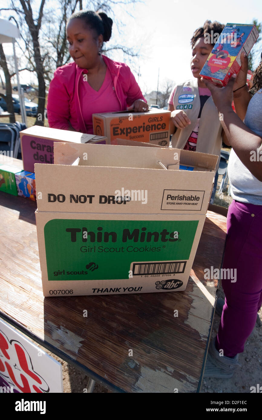 Young African-American girl scouts set up table to sell cookies at outdoor MLK festival in Austin, Texas Stock Photo