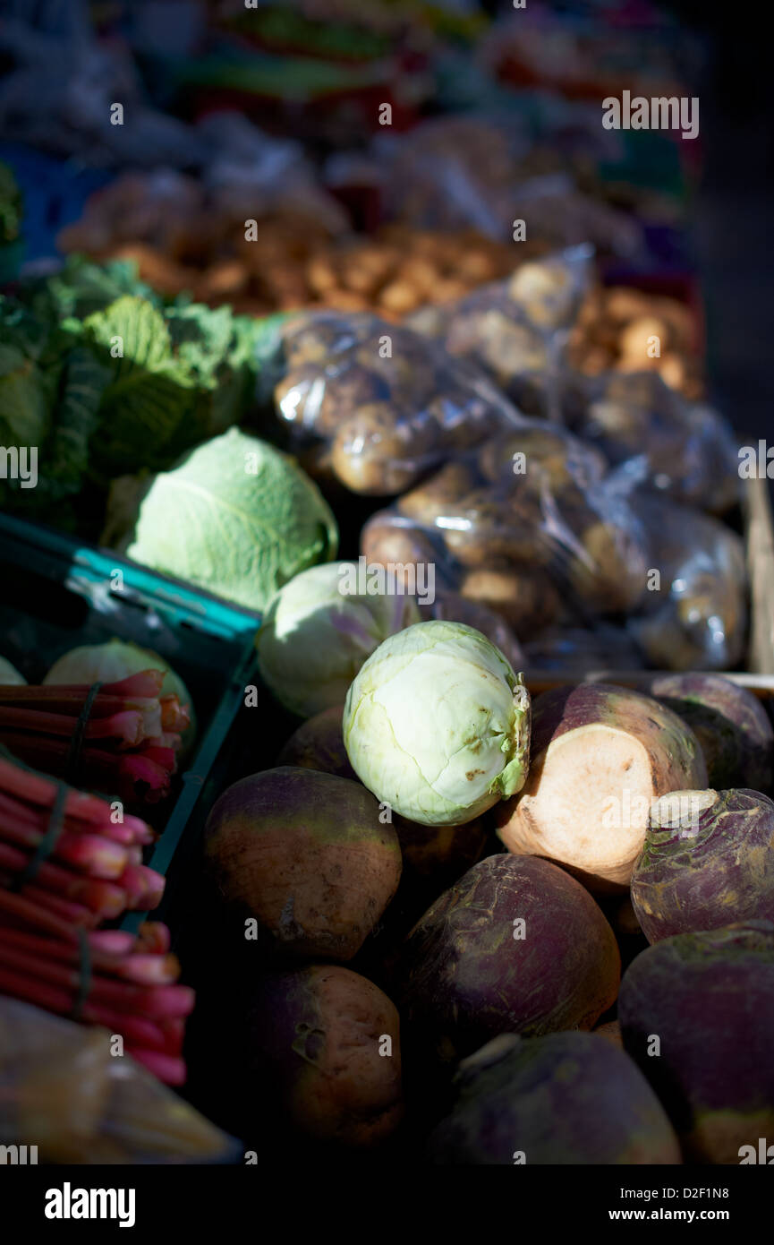 The range of fresh vegetables on display at St Georges market in Belfast Northern Ireland Stock Photo