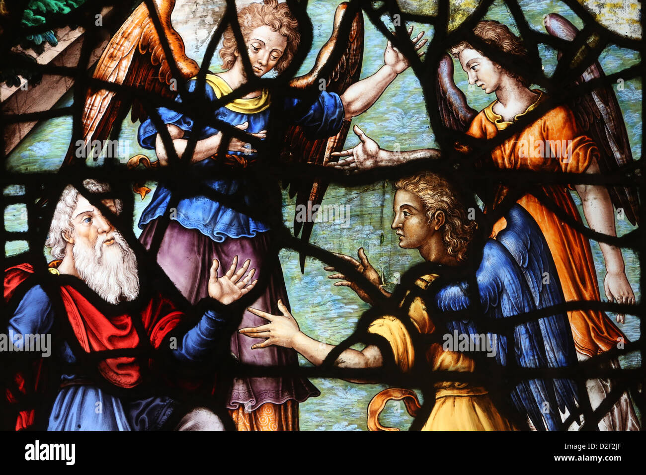 Saint Etienne du Mont church. 17th century stained glass. Abraham and the angels Paris. France. Stock Photo