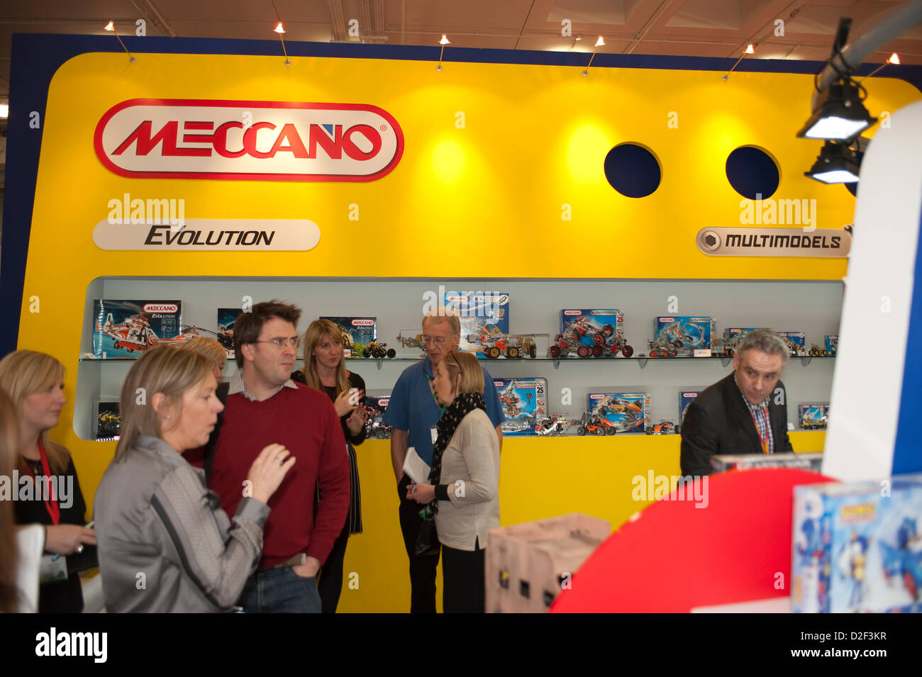 London, UK. 22nd January 2013. Organisers: The British Toy & Hobby Association. The Toy Fair opens today in the Grand Hall at Olympia, celebrating 60 years. Meccano stand. Credit: Malcolm Park/Alamy. Stock Photo
