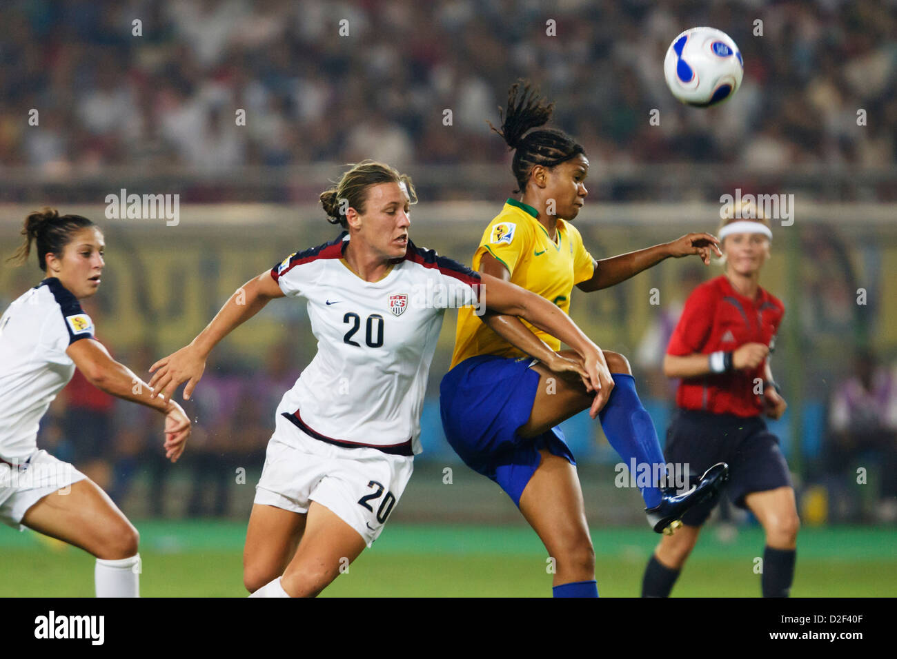 Abby Wambach of the United States (20) battles Renata Costa of Brazil (R) during a  FIFA Women's World Cup semifinal match Stock Photo
