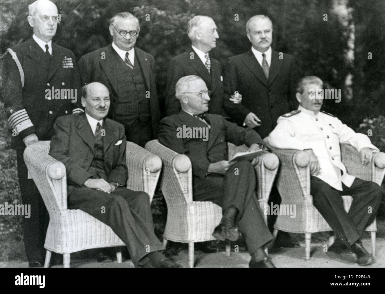 POTSDAM CONFERENCE July-August 1945. Front row from left: Clement Attlee. Harry Truman, Joseph Stalin-see Description for others Stock Photo