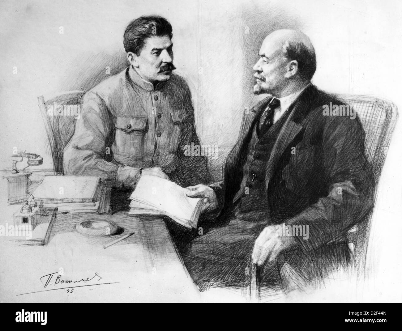 JOSEPH STALIN at right with Vladimir Lenin in a 1945 drawing by Pietr Vassilyev Stock Photo