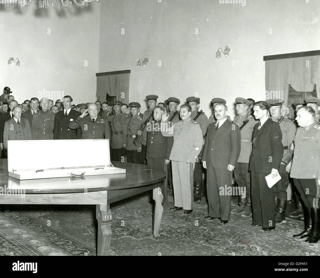 WINSTON CHURCHILL and Joseph Stalin at presentation of the Sword of Stalingrad during Tehran Conference 29 November 1943. Stock Photo
