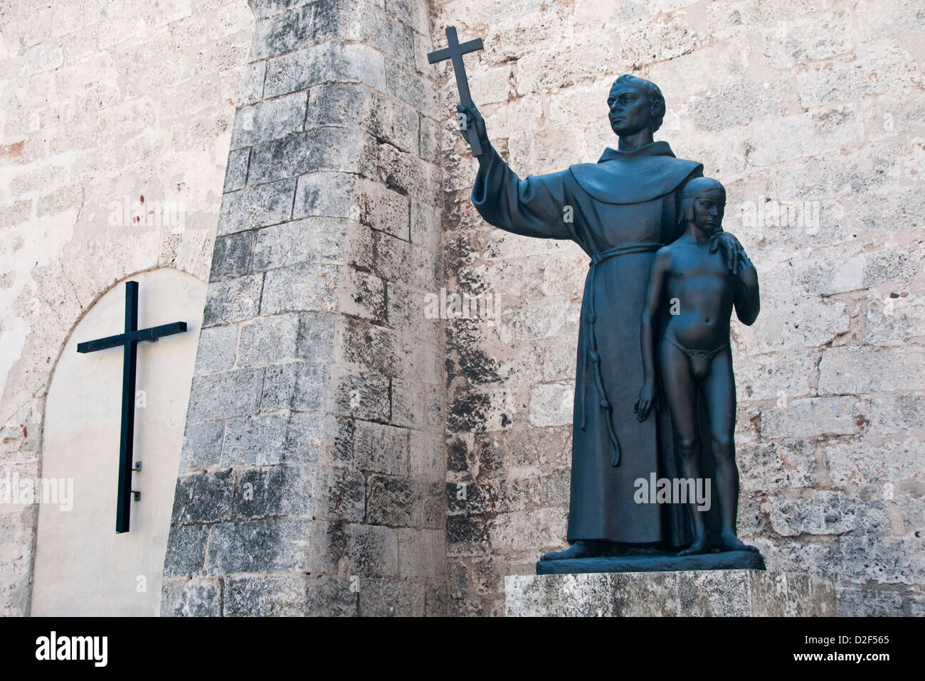 Statue of St Francis of Assisi and small boy, Plaza de San Francisco, Habana Vieja, Havana, Cuba Stock Photo