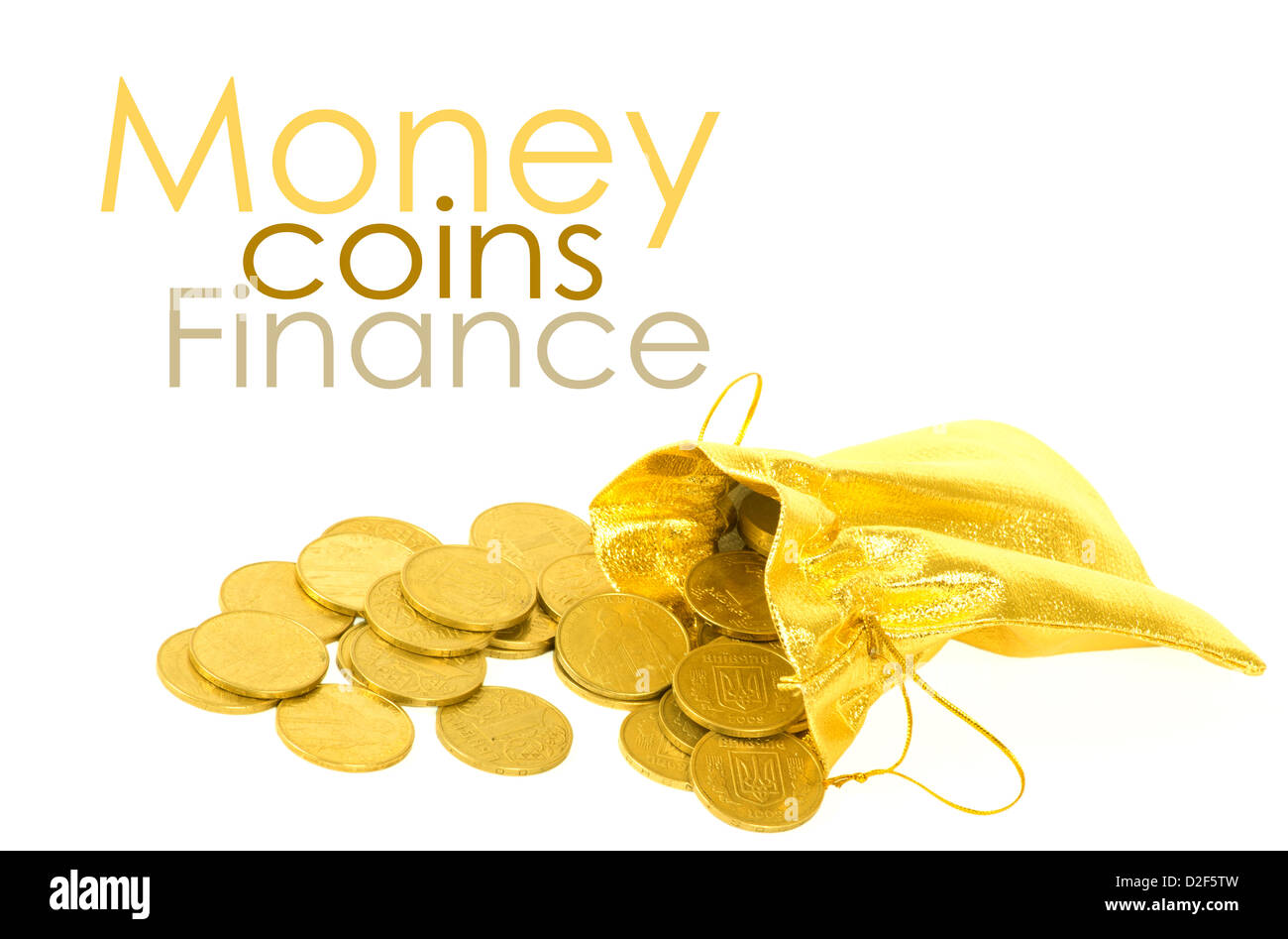 Money coins in golden bag isolated on white Stock Photo - Alamy