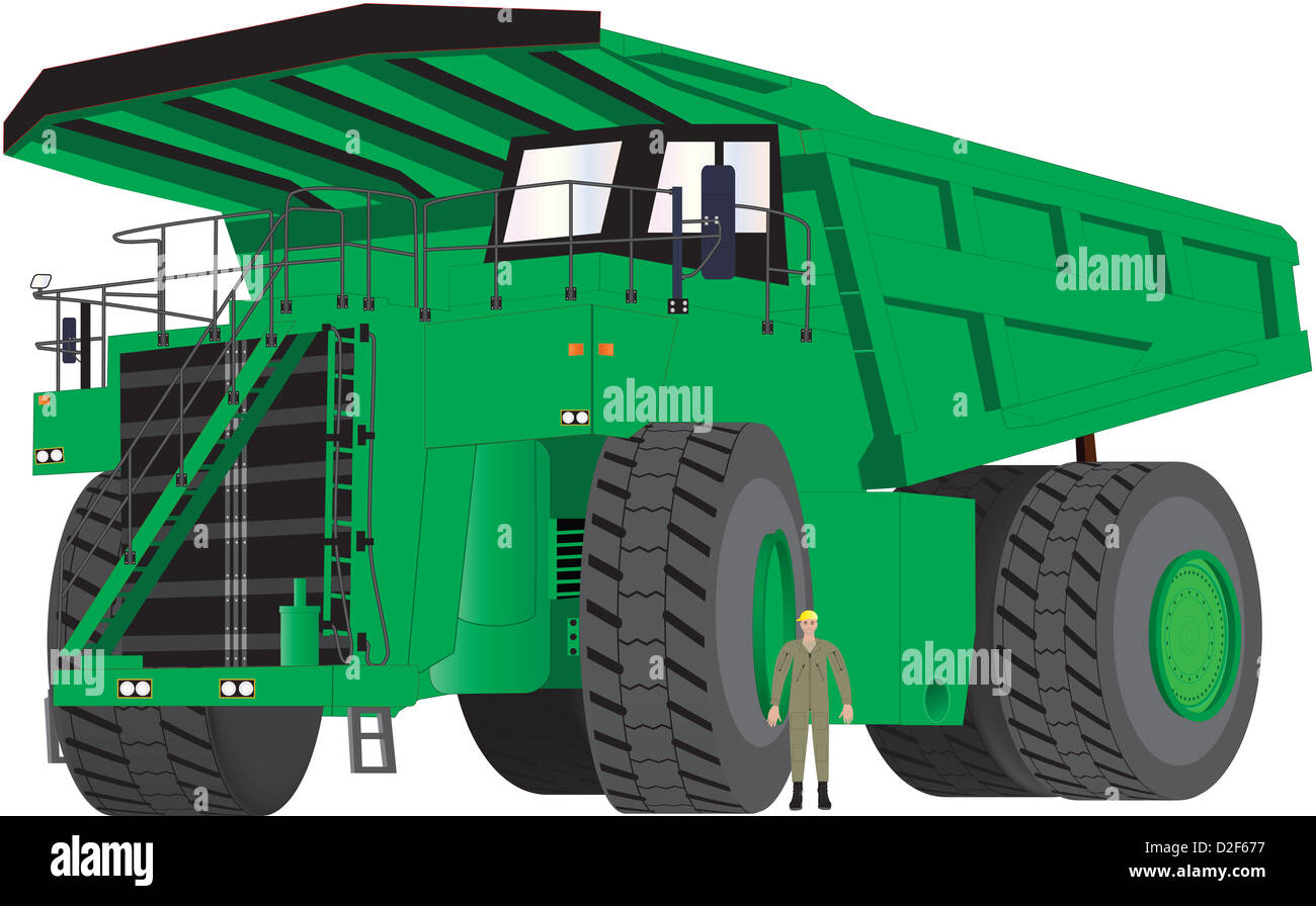 A Giant Green Quarry Dumper Truck with man standing by tire as scale Stock Photo