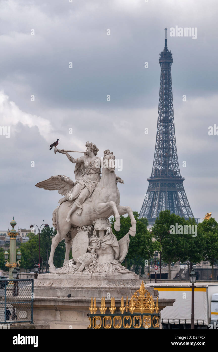 Sculpture, obelisk and Eiffel Tower  from the Jardin des Tuileries in Paris,France Stock Photo