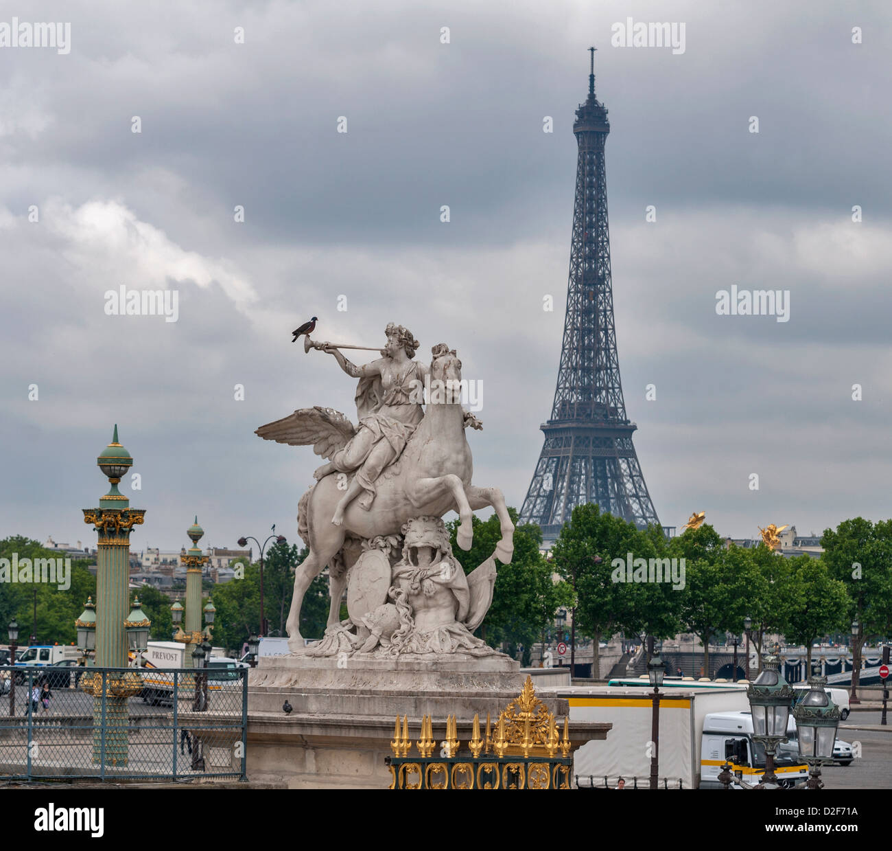 Sculpture, obelisk and Eiffel Tower  from the Jardin des Tuileries in Paris,France Stock Photo