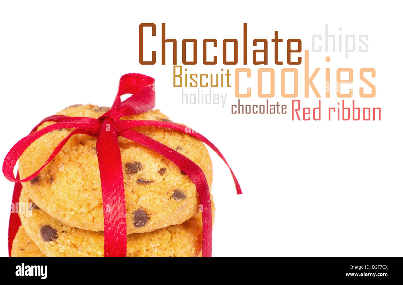 Chocolate chips cookies with red ribbon isolated on white Stock Photo ...