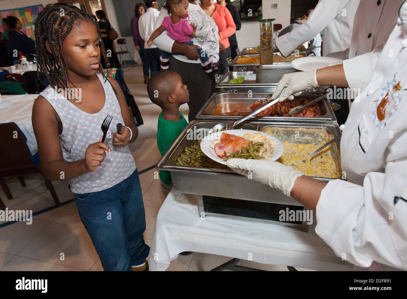 Detroit, Michigan - A meal is served to residents of a Salvation Army shelter for homeless women and children. Stock Photo