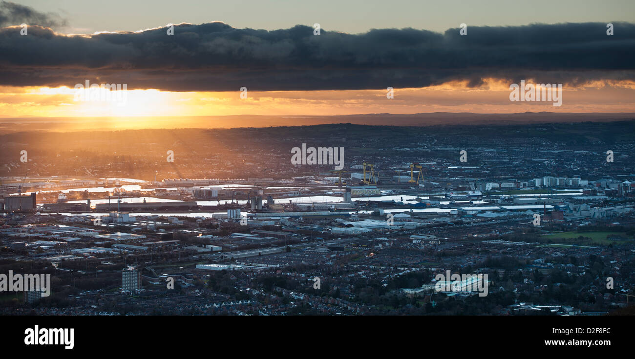 Belfast Harbour at sunrise viewed from Cave Hill Stock Photo
