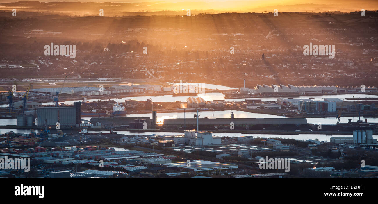 Belfast Harbour at sunrise viewed from Cave Hill Stock Photo