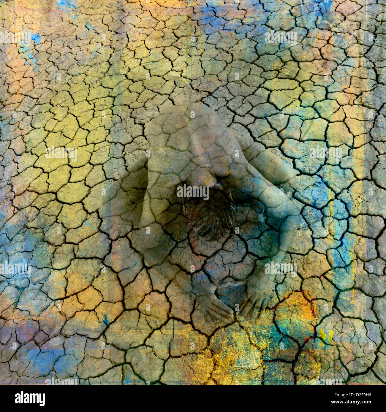 Female figure being in cracked earth. Photo based illustration. Stock Photo