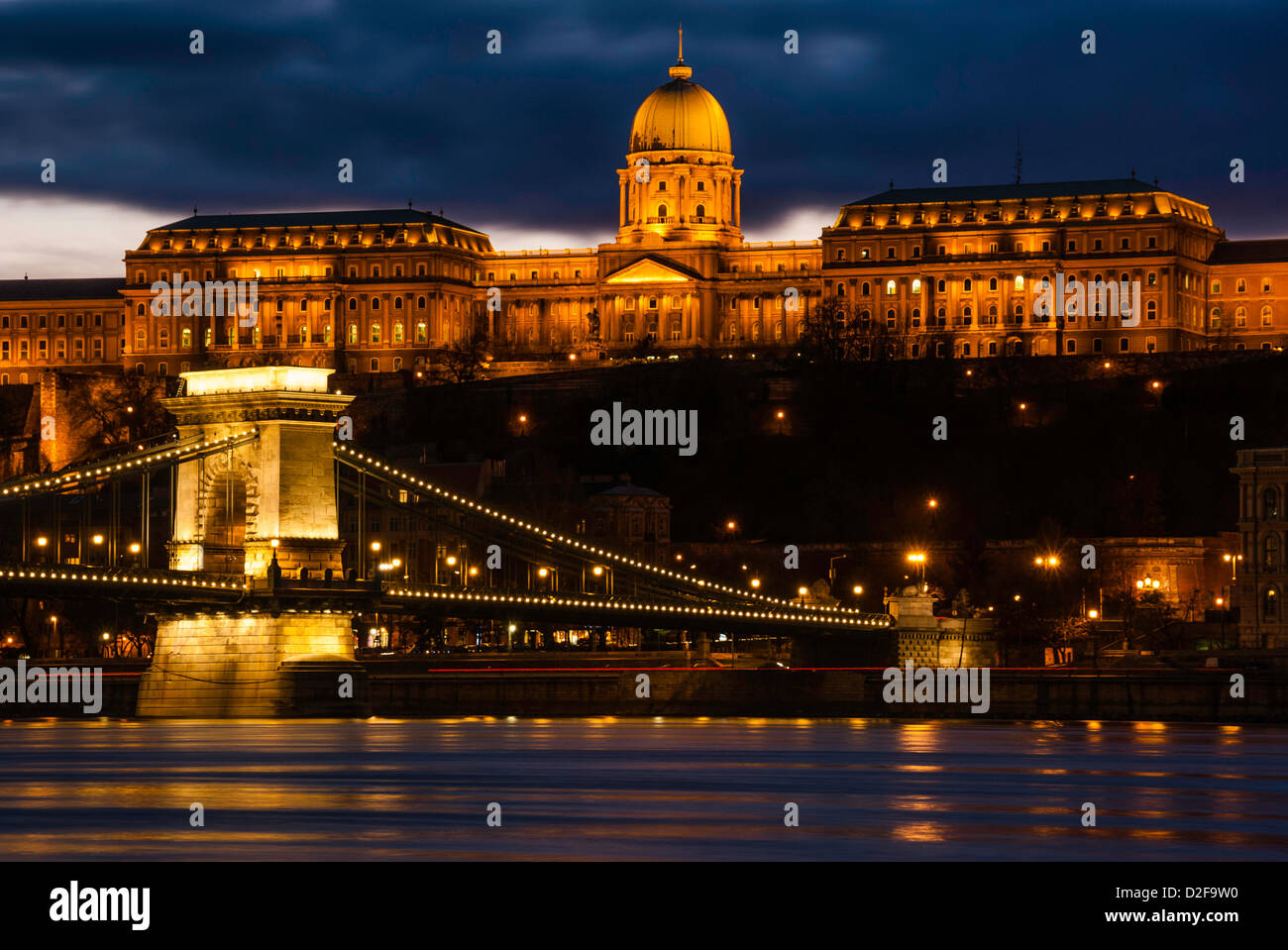 Szechenyi chain bridge and Buda castle in Budapest at sunset Stock Photo